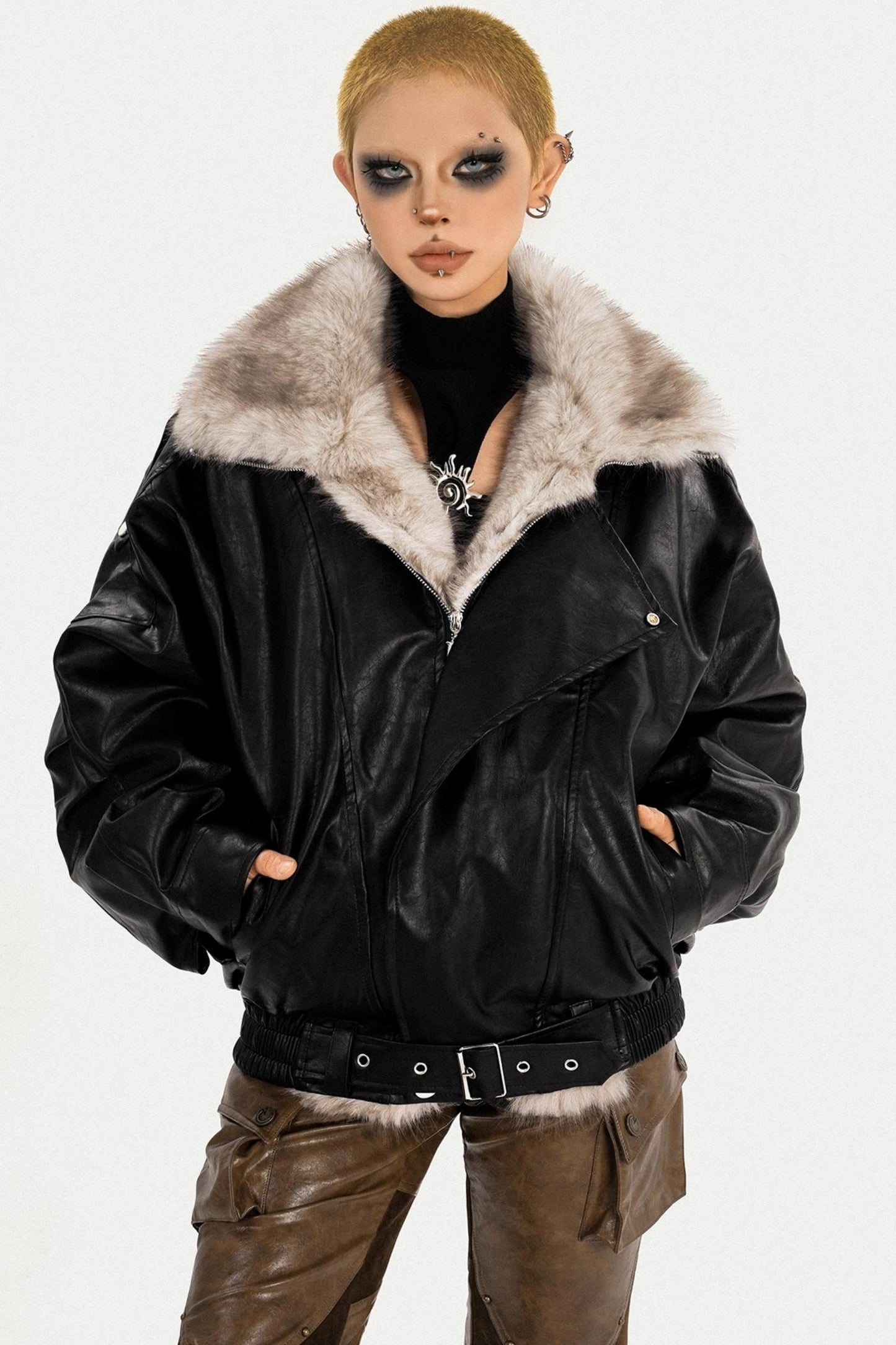 Thickened Pu Leather Fur Collar Jacket
