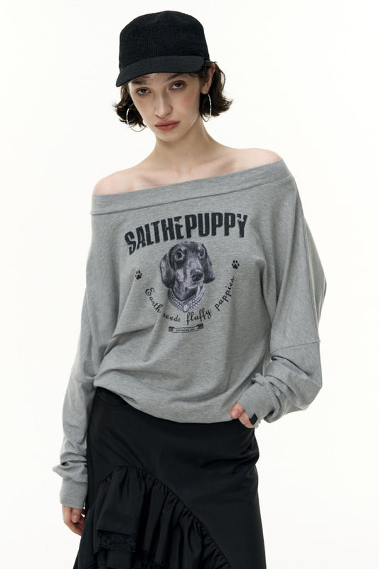 Puppy Print Slanted Shoulder T-Shirt
