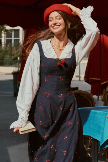 Cherry Lace Embroidered Denim Dress Set-Up