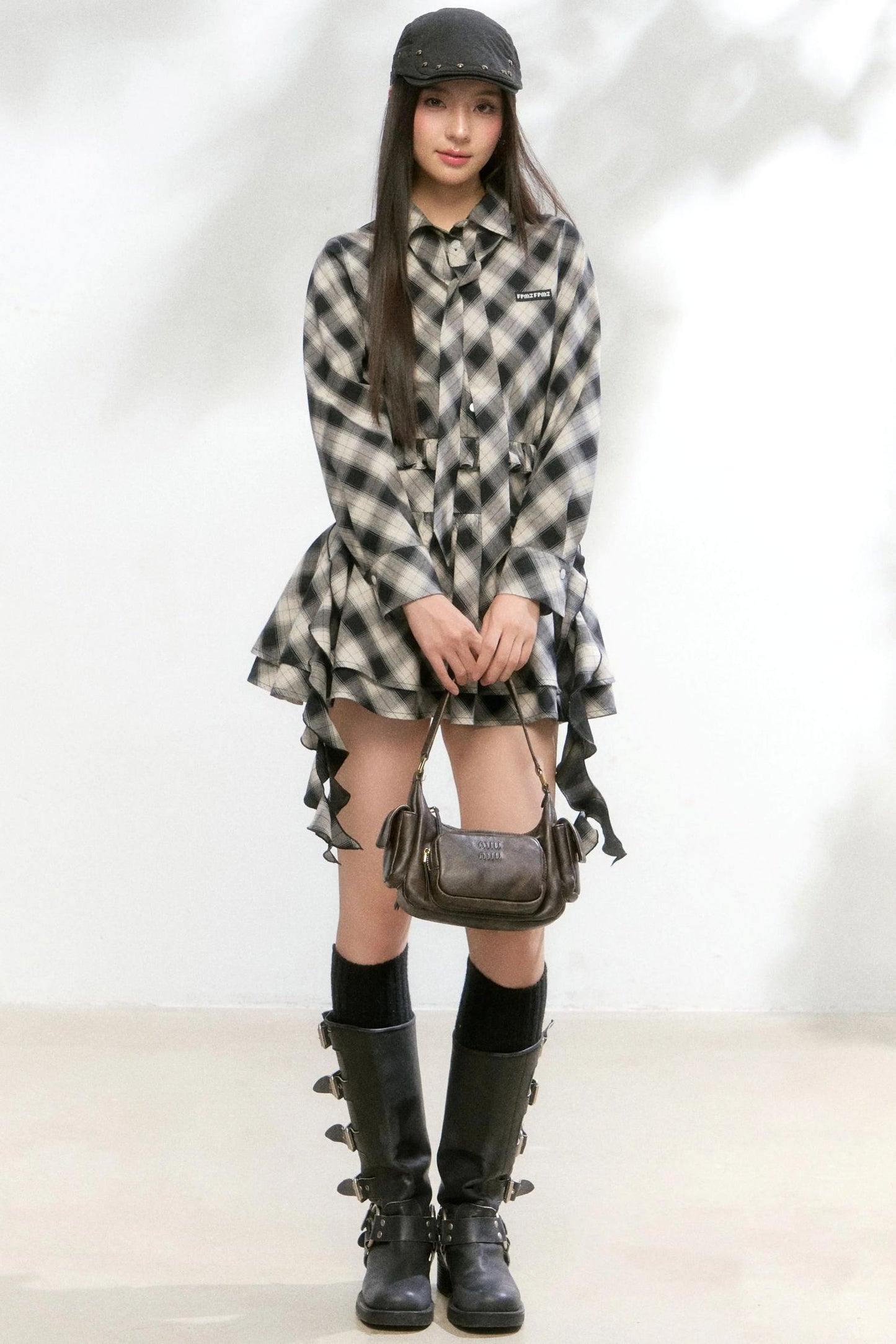Plaid Diagonal Cut Long-Sleeved Shirt Dress