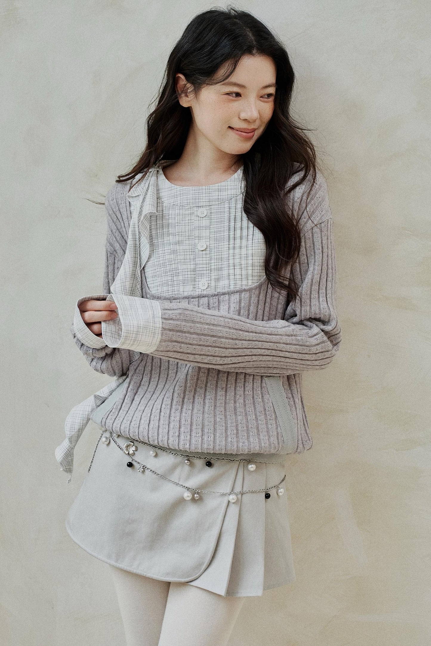 Gray Patchwork Ruffled Knitted Top