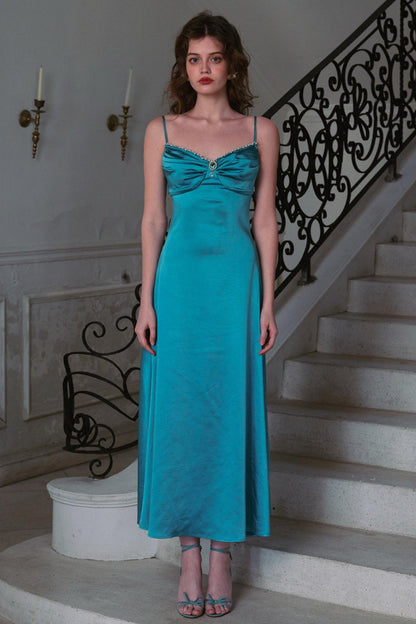 Blue Satin Halter Dress