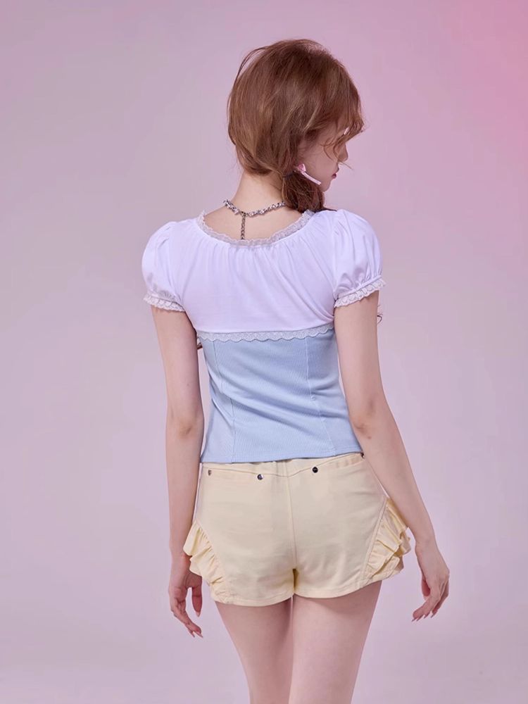 U-neck pearl buttons colorblocking split Slim t-shirt