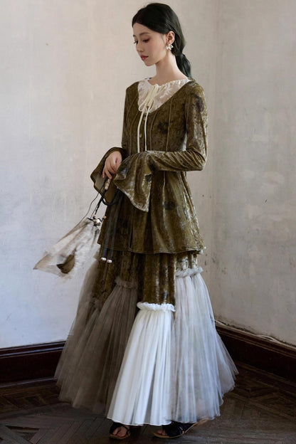 Velvet Mesh Patchwork Skirt