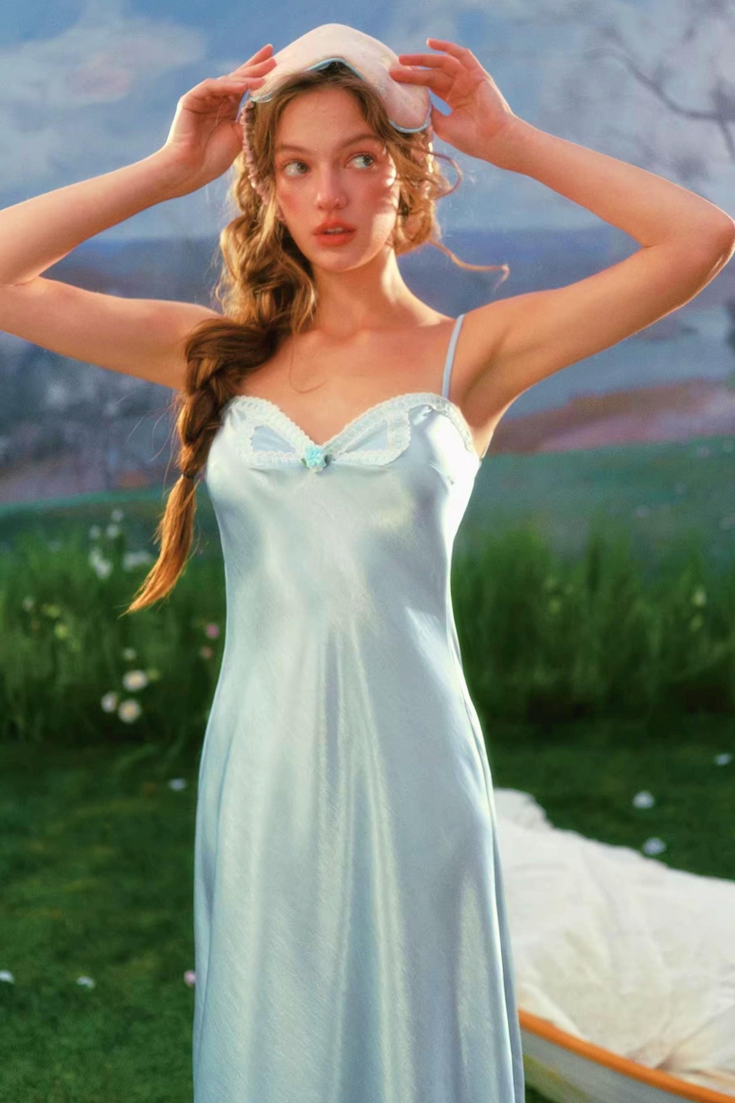 Blue Satin Cardigan Dress Set-Up