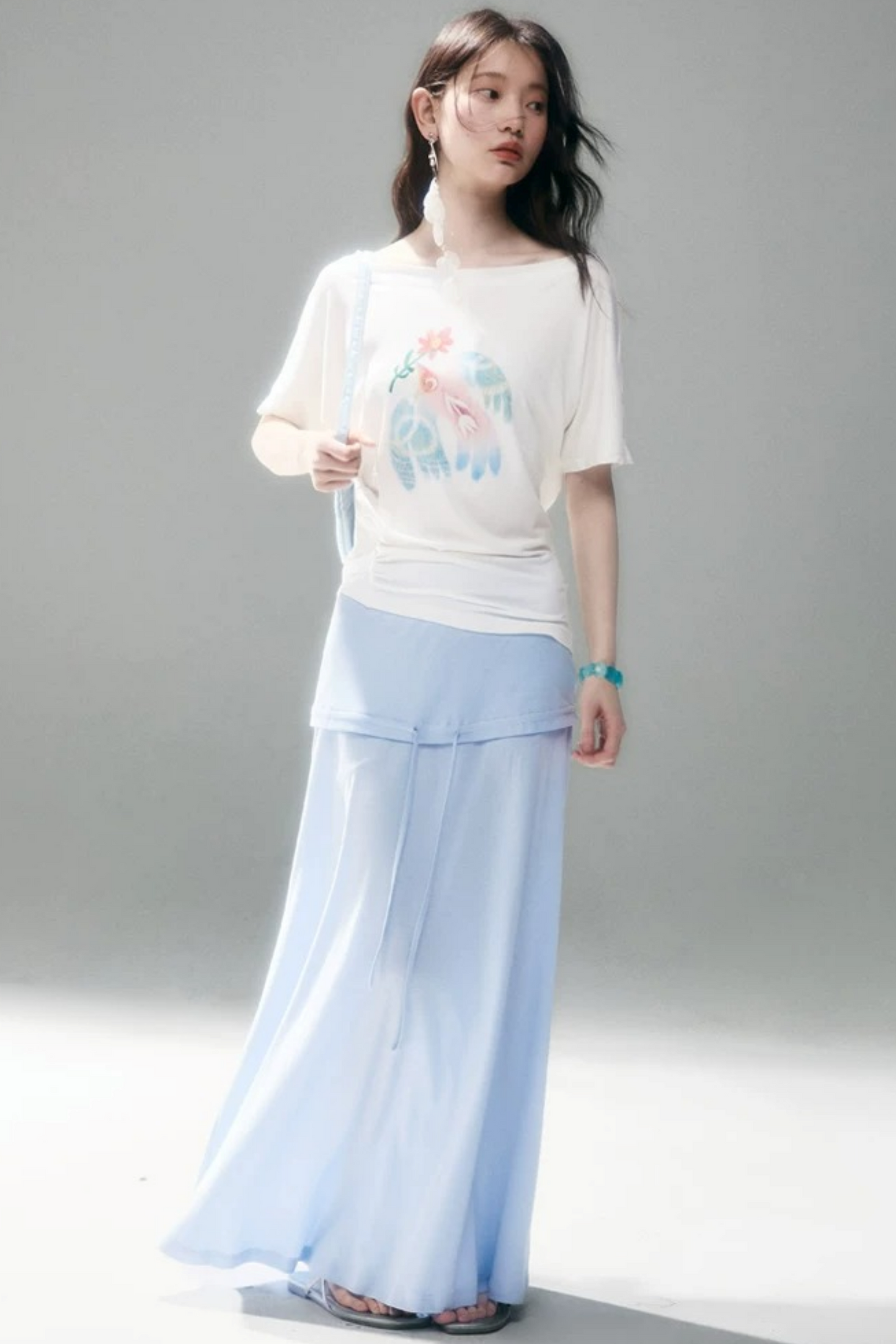 Mint Bird Print Off-Shoulder Ruched Top