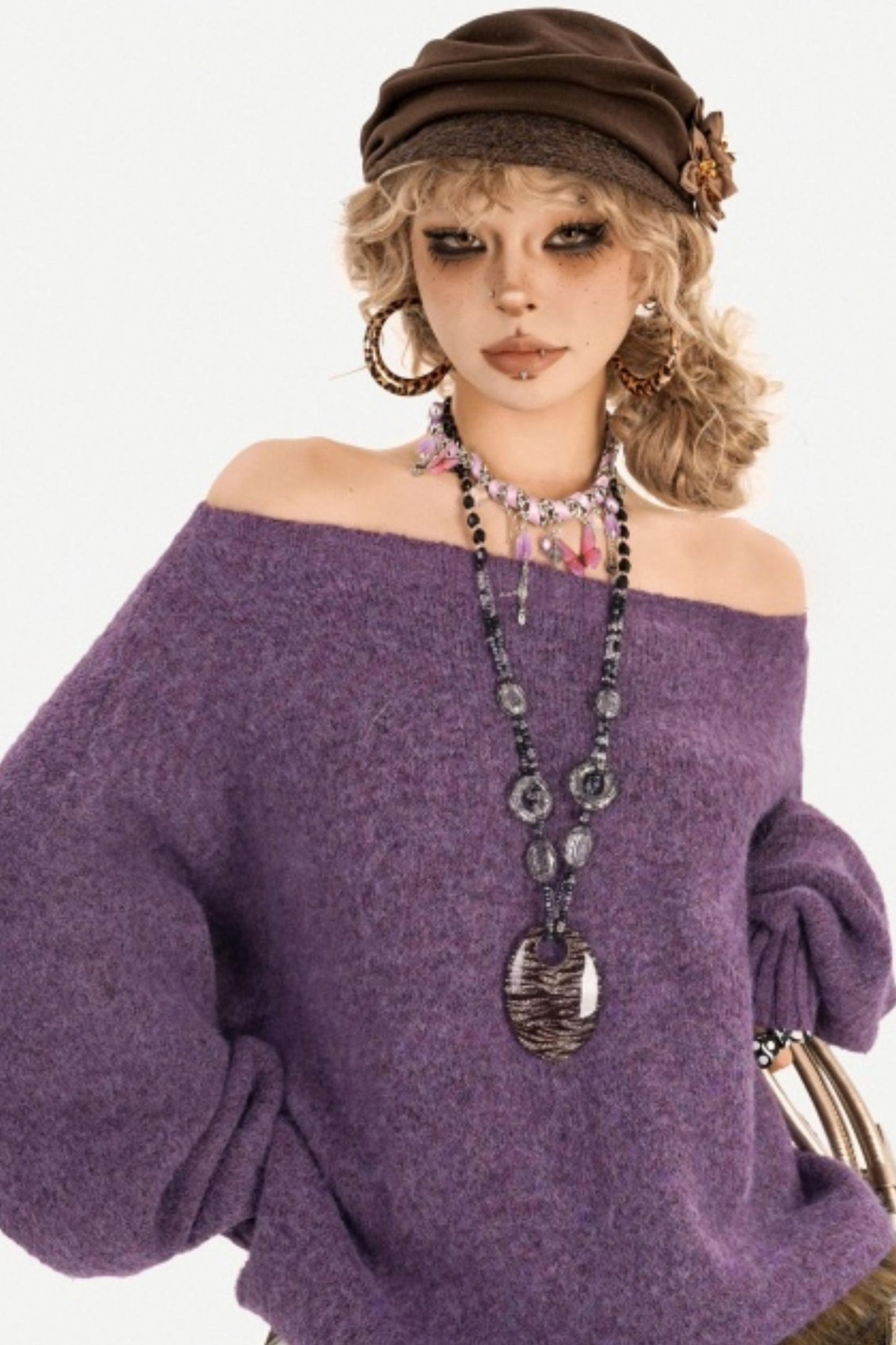 Purple Off-Shoulder Knit Dress