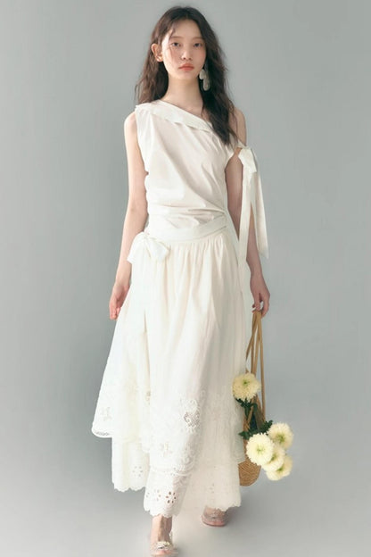 Sunshine Island Tencel Lace-Up Cinched Waist Dress