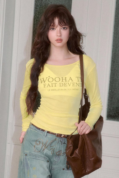 Letter Print Long Sleeve Slim Top