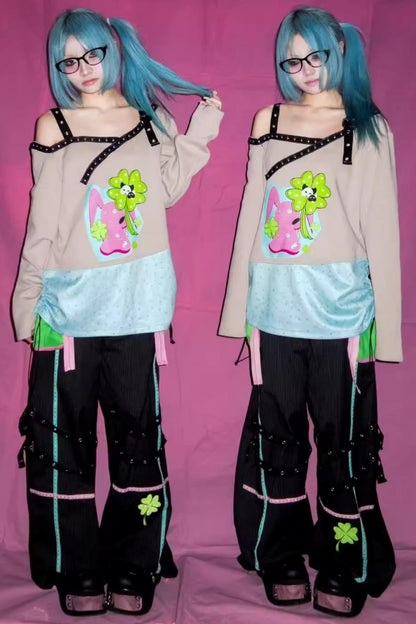 Four-Leaf Clover Embroidery Stripe Studded Trousers