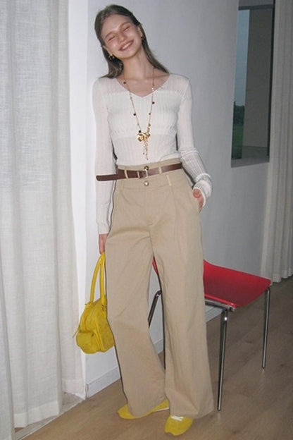 Textured V-neck Wool Knit Slim Top