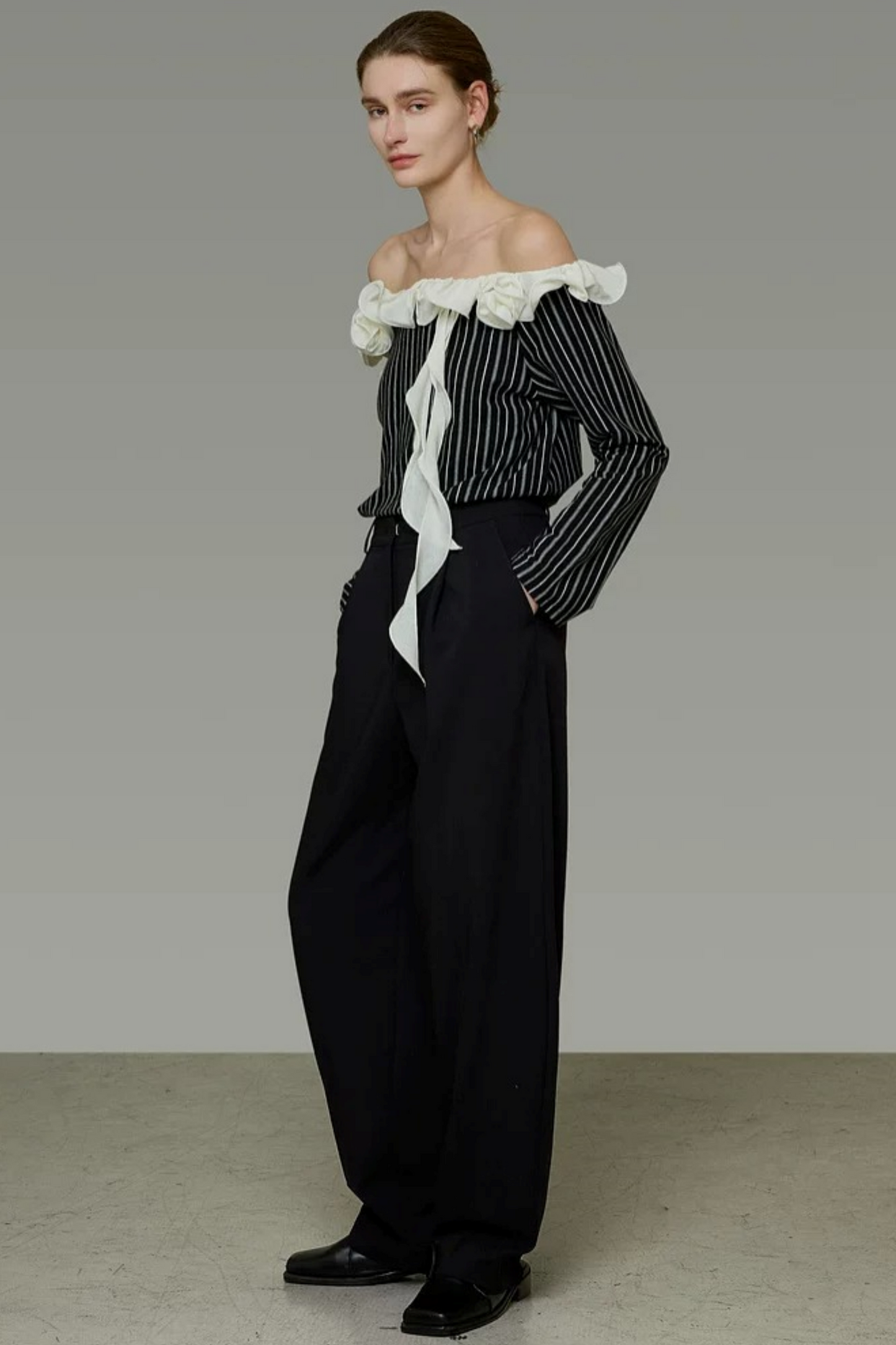 Black and White Striped Off-Shoulder Blouse