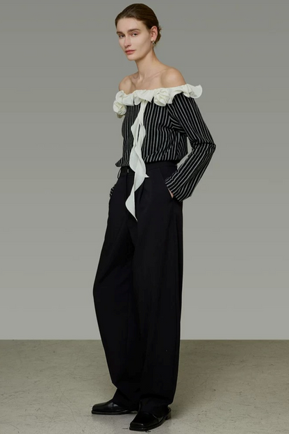 Black and White Striped Off-Shoulder Blouse