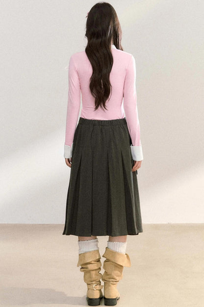 Edge Strap Pleated Midi Skirt