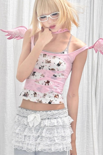 Dog Print Fake Two Piece Camisole