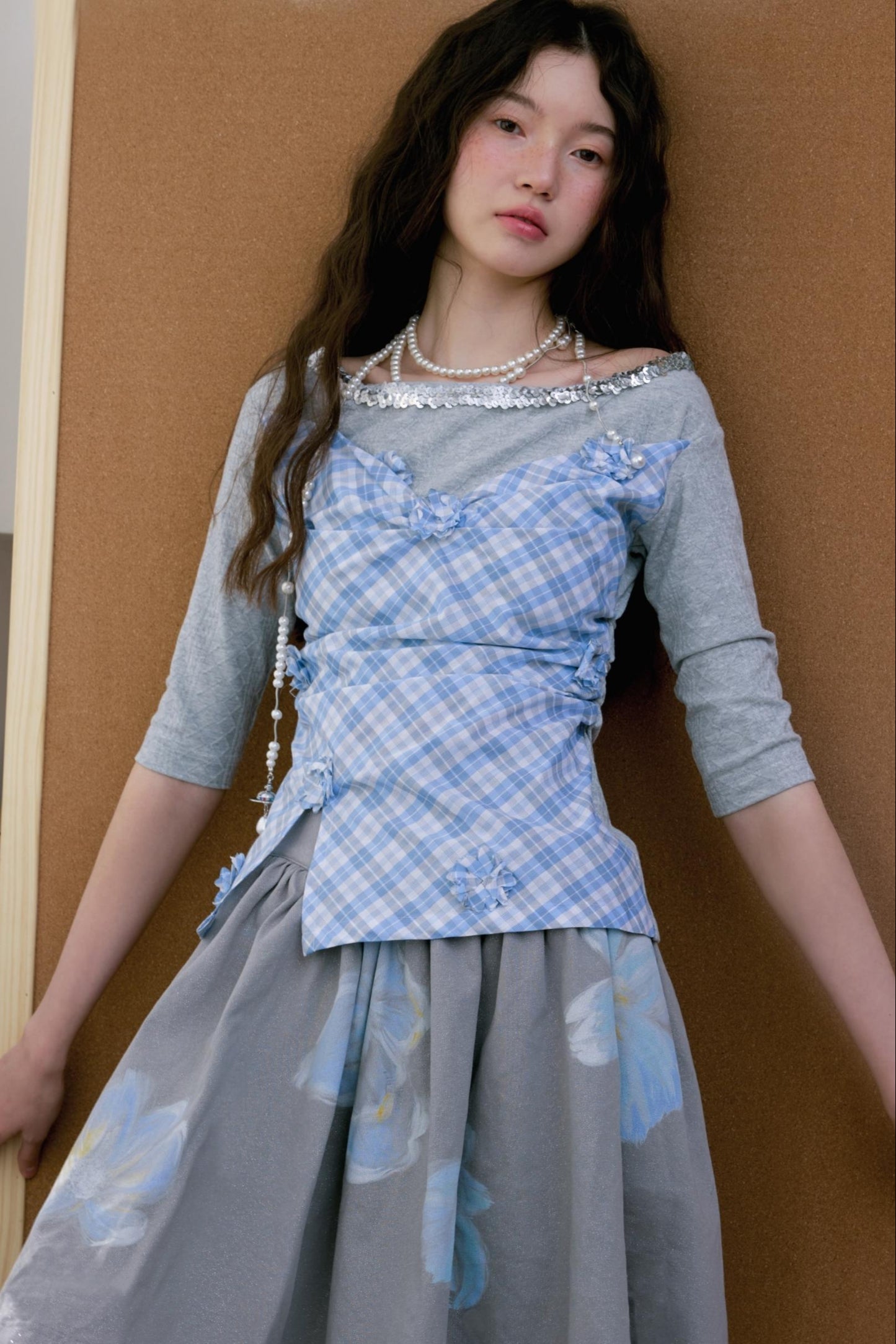 Gray Blue Plaid Knit Top