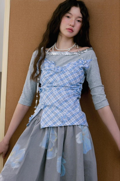 Gray Blue Plaid Knit Top