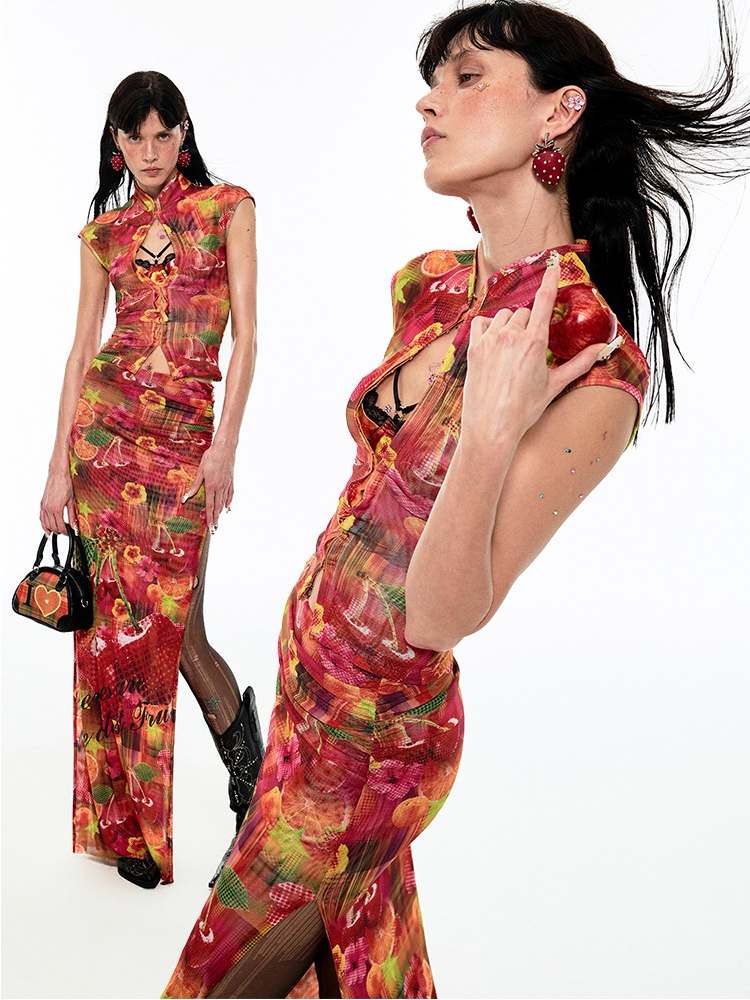 Summer Fruit Print Millennial Cheongsam Set