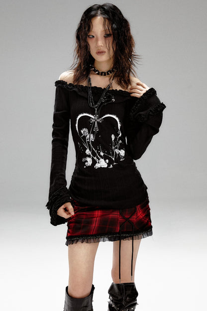 Retro Slim Print Hooded Knit Top