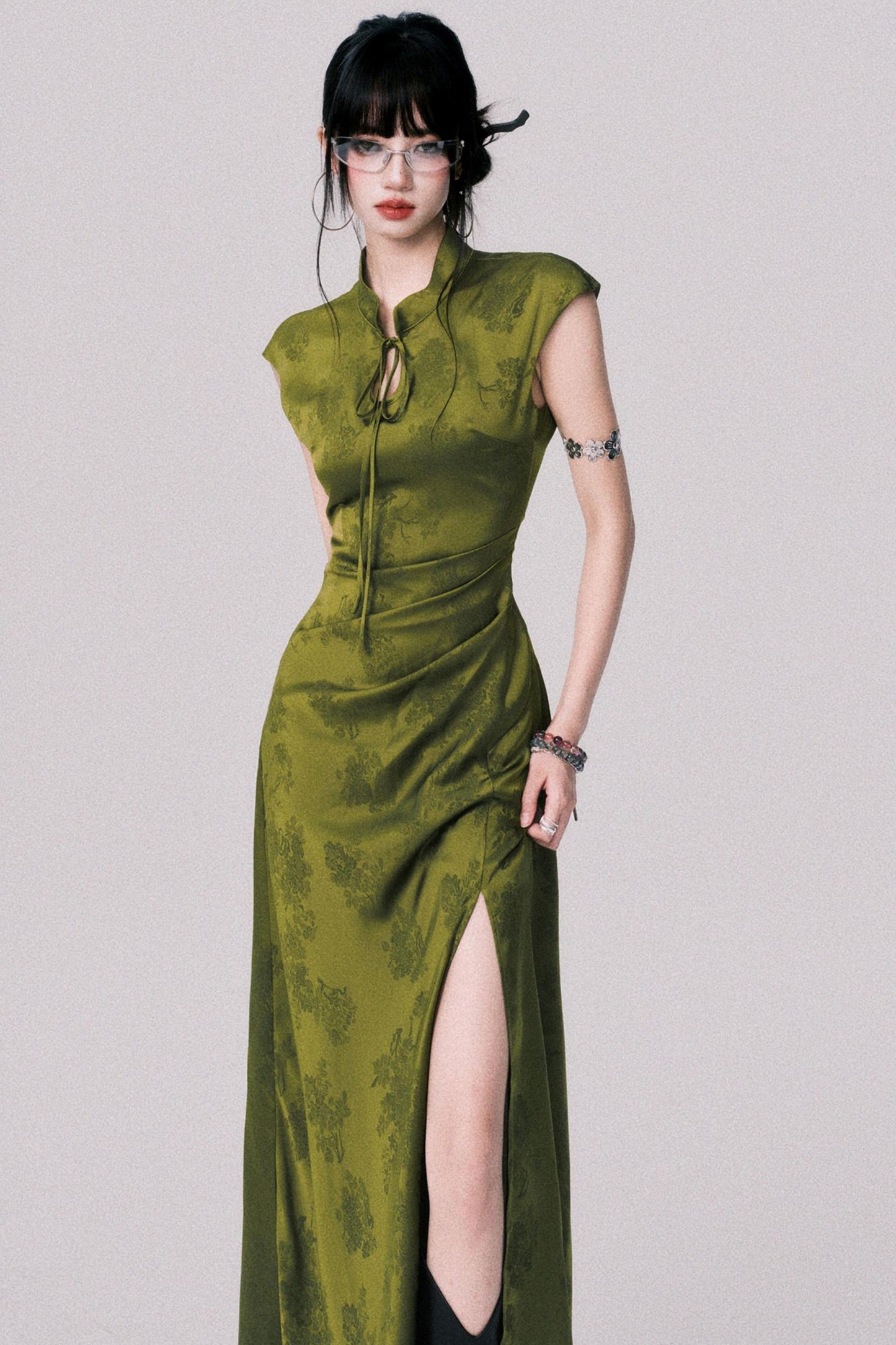 Vintage Moss Green Jacquard Cheongsam Dress