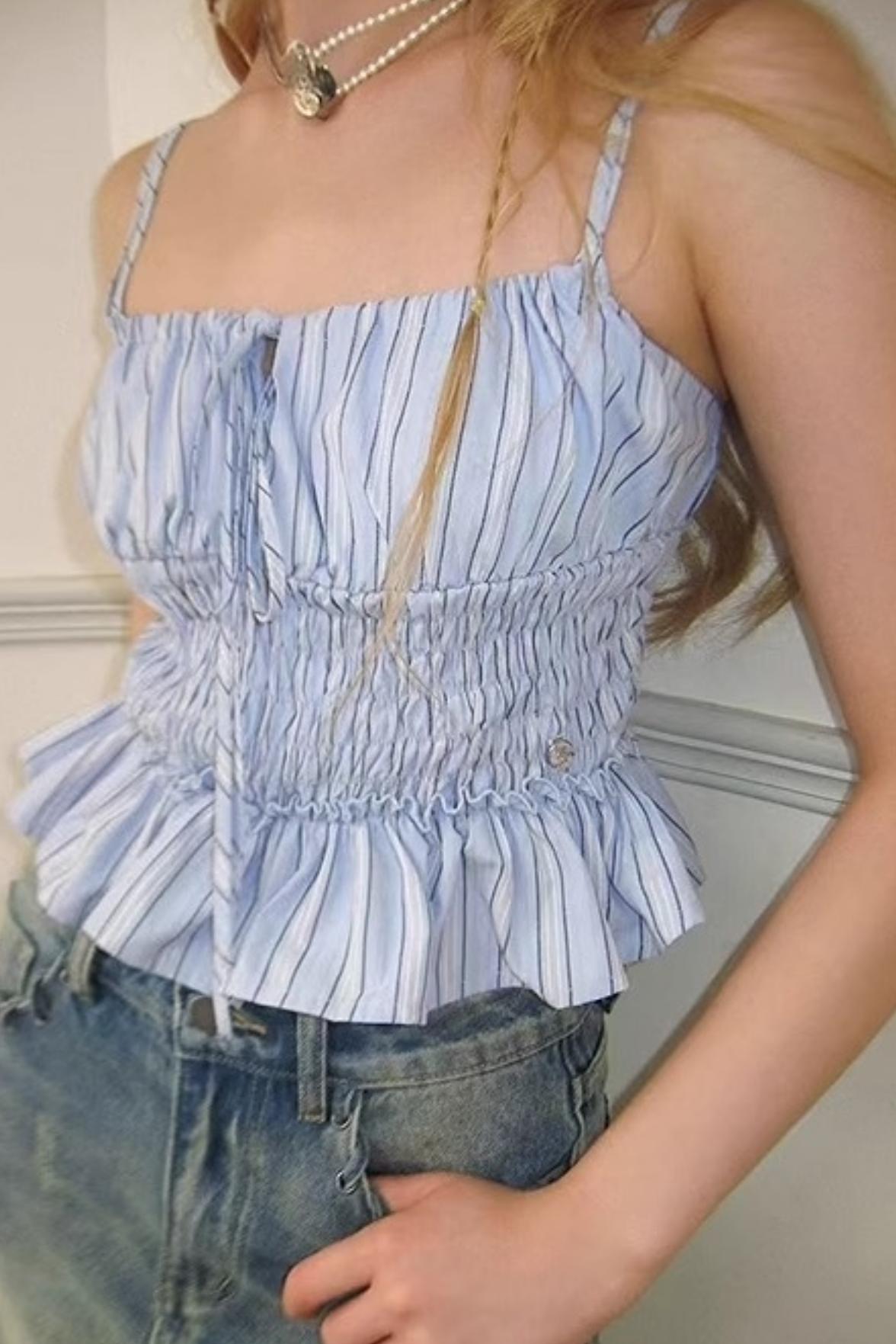Blue Striped Ruffle Camisole