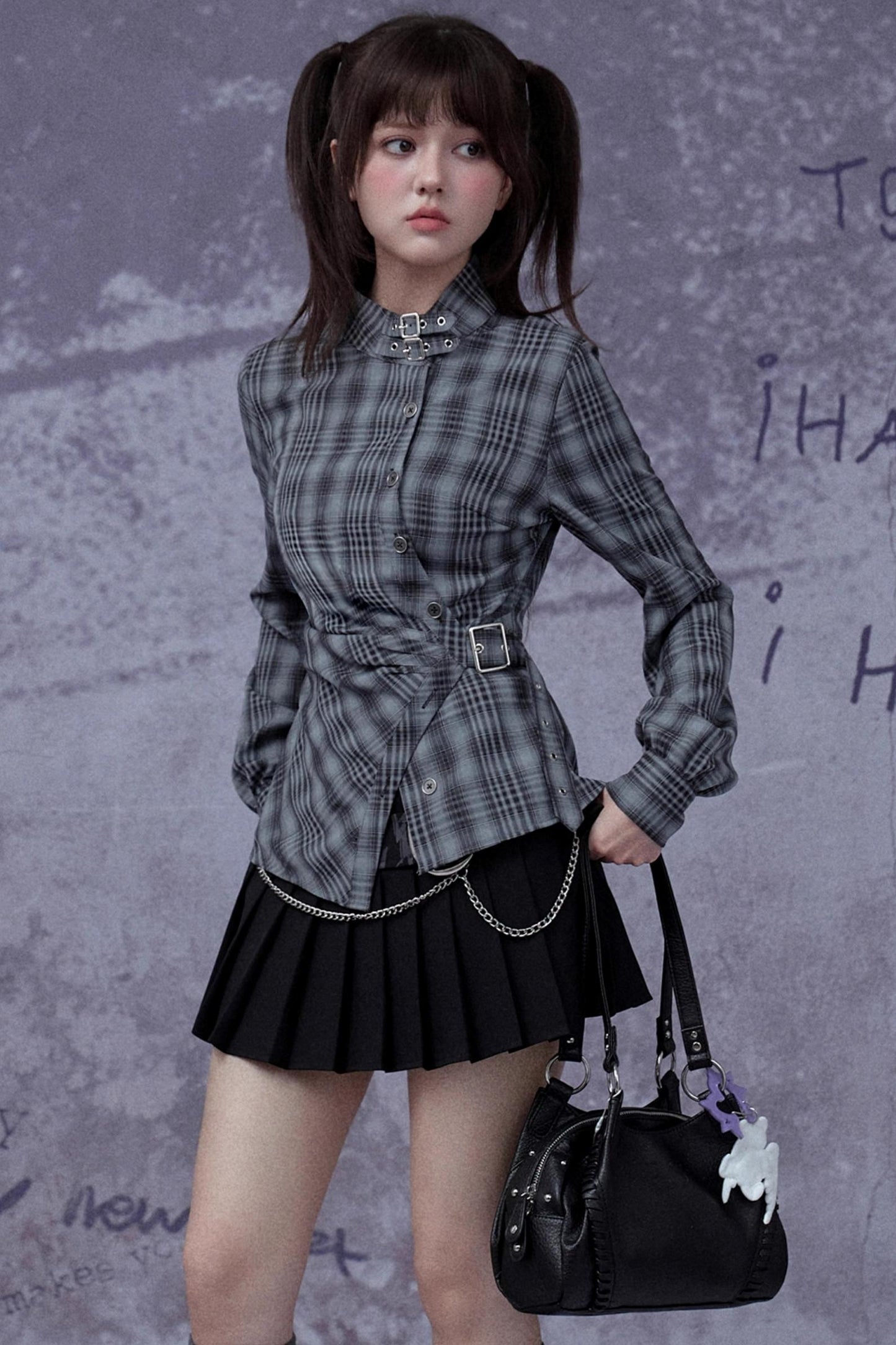 Gray-Blue Plaid Placket Long-Sleeved Shirt