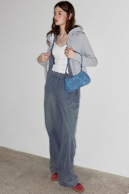 Washed Distressed Cuffed Waist Loose Pants