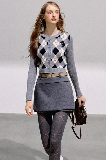 Vintage Diamond Plaid Knitted Cardigan