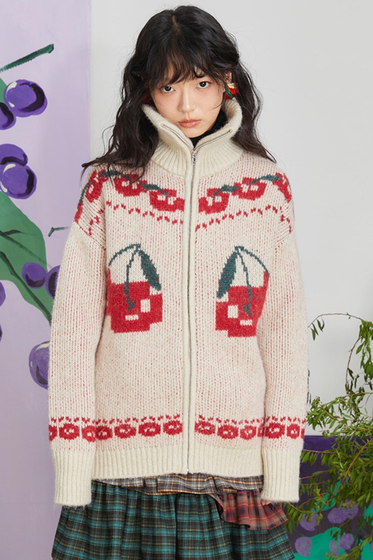 Retro Cherry Jacquard Wool Cardigan