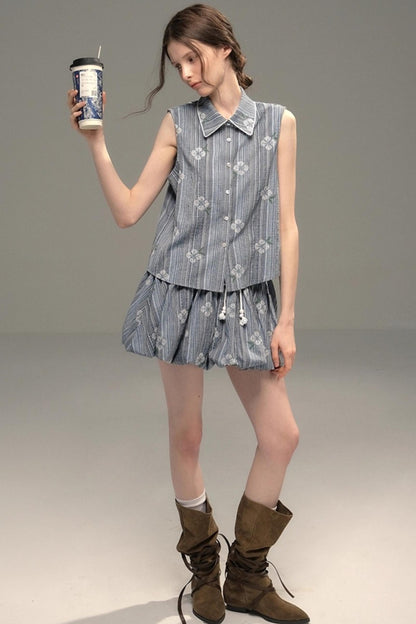 Flower Stitch Vest Skirt Set-Up