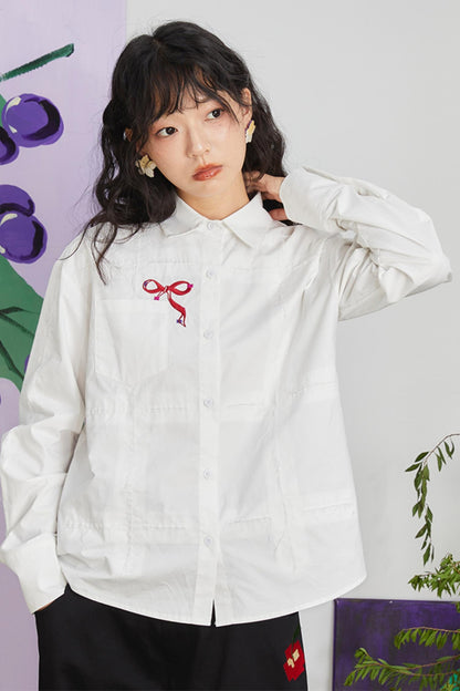 Retro Bow Embroidery Long Sleeve Shirt