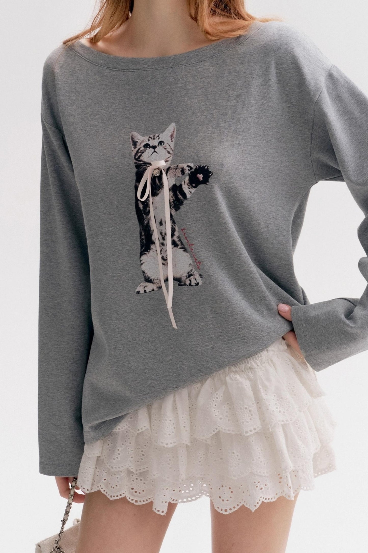 Lazy Kitten-print Long-sleeved T-shirt