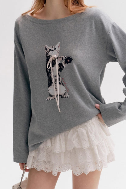 Lazy Kitten-print Long-sleeved T-shirt
