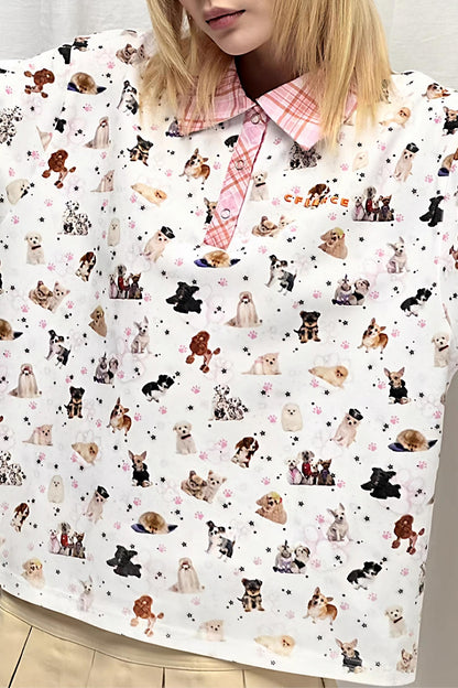 Dog Print Loose Fit Polo Shirt