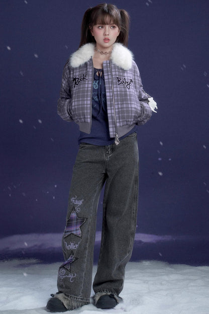 Purple Plaid Fur Collar Jacket
