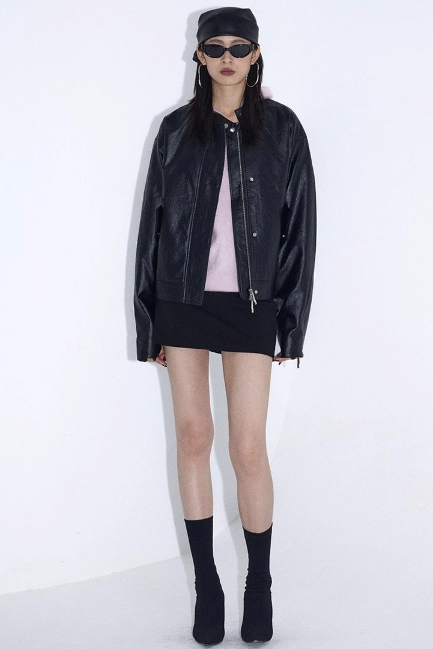 Stand-Up Pleated Leather Jacket