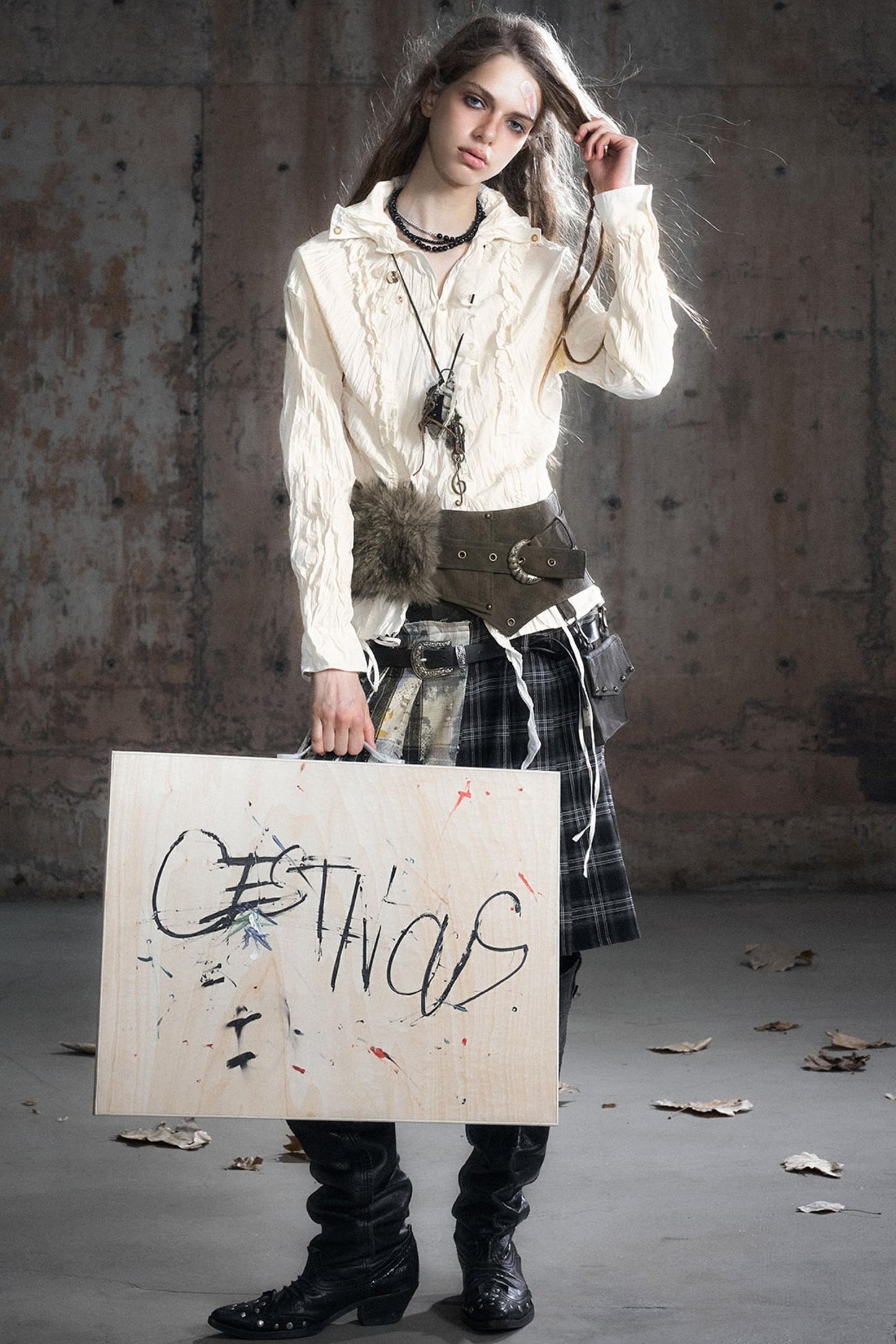 Leather Patchwork Fur Skirt  Belt