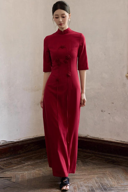 Red Flower Cheongsam Dress