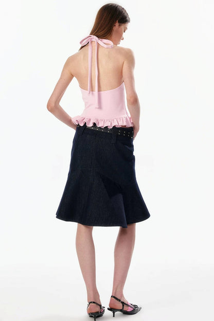 Ruffle Hem Halter Backless Top