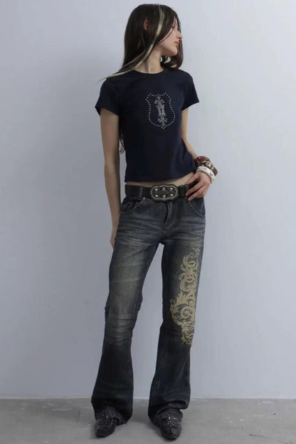 Y2K Rhinestone Cropped T-Shirt