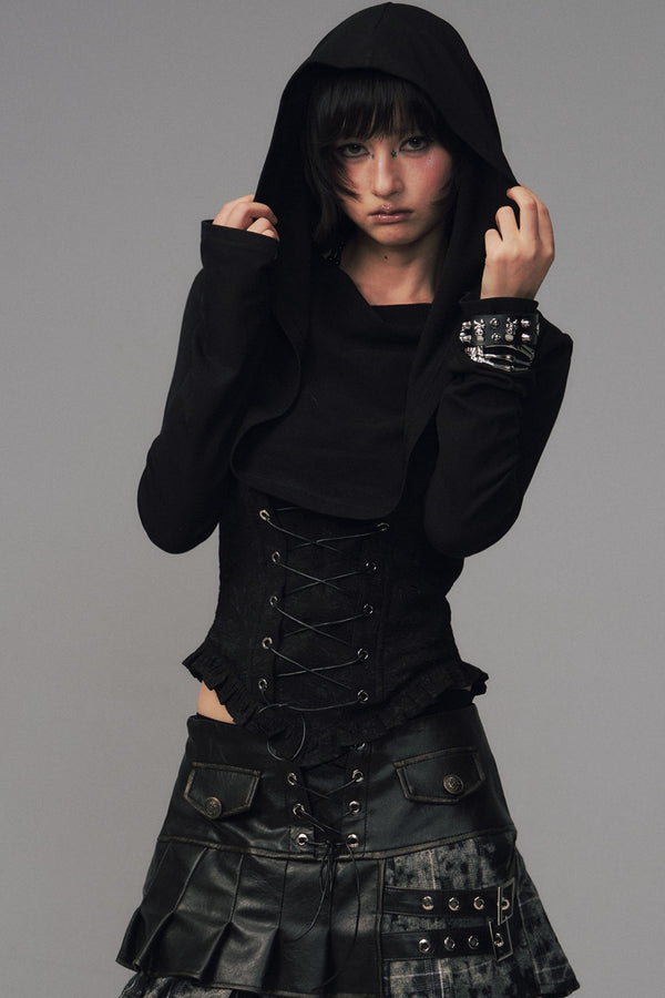 Dark Swing Collar Hooded Jacquard Top