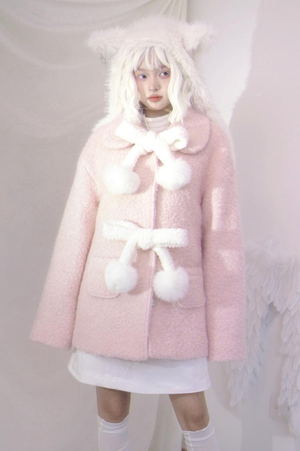 Bowknot Plush Ball Woolen Coat