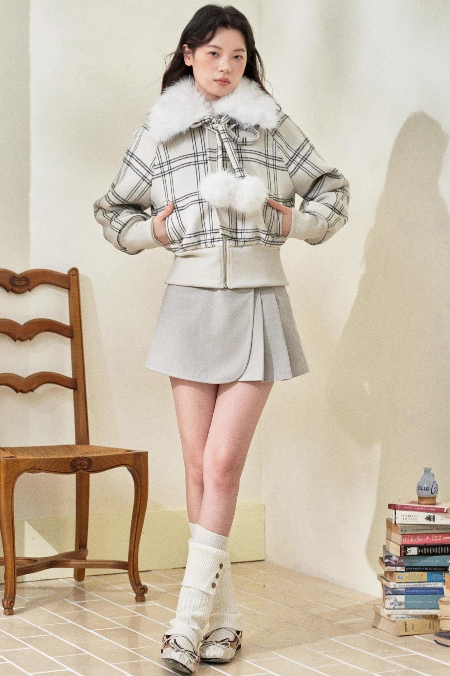 Original White Check Wool Short Coat