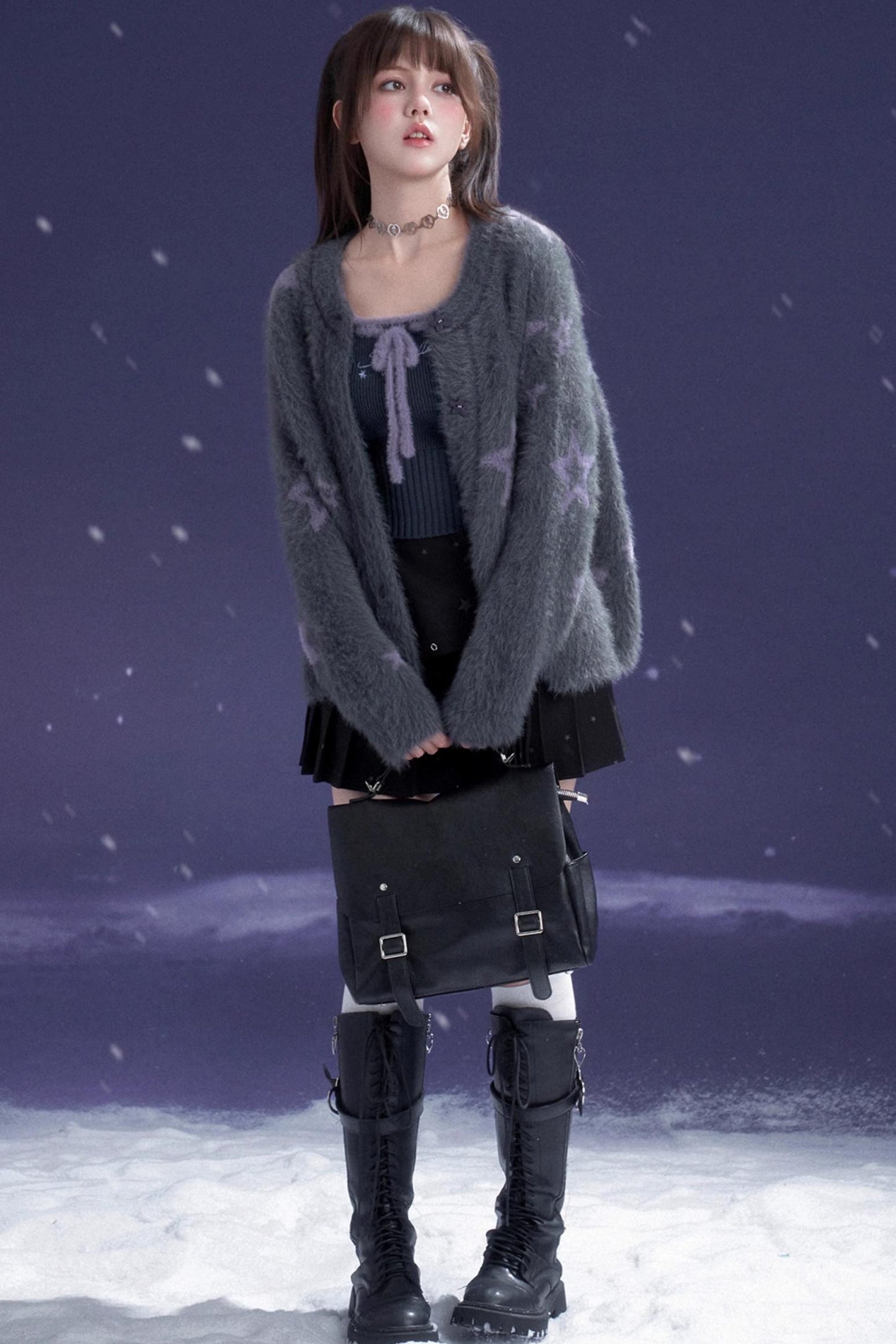 Gray Purple Star Plush Jacket Set-Up