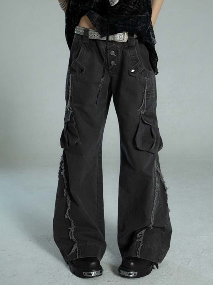 Straight Loose Washed Distressed Trumpet Mop Pants