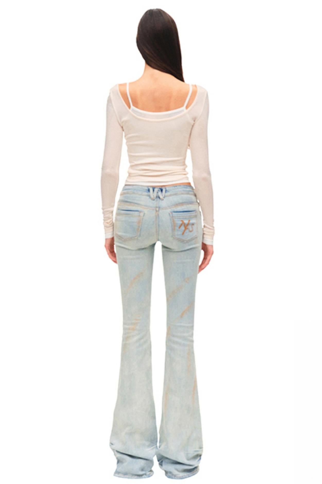 Light Sand Flared Denim Trousers