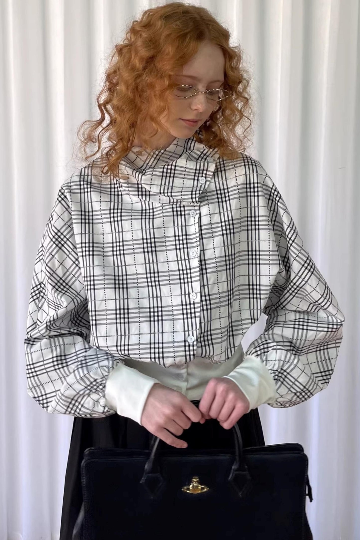 Checkered Pleated Collar Shirt