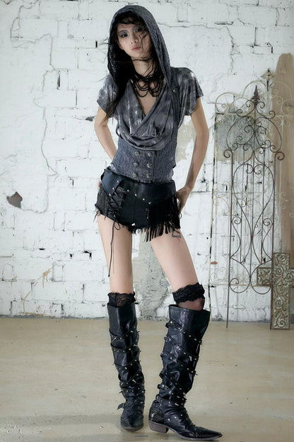 Punk Chain Leather Denim Shorts