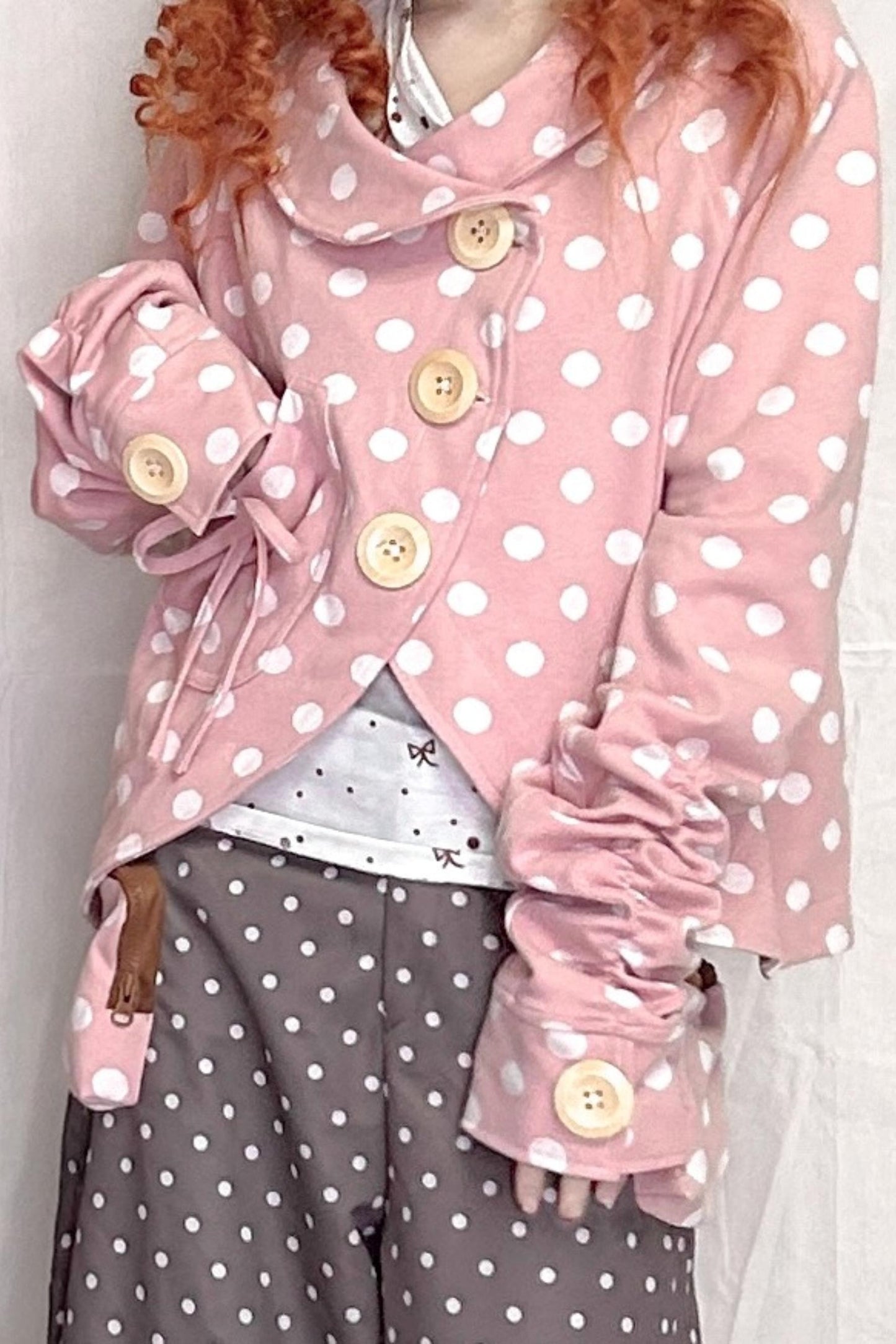 Childlike Wooden Polka Dot Pleated Long Sleeve Jacket