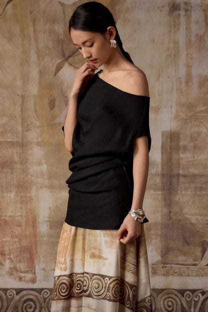 Black Shoulder Irregular Design T-Shirt